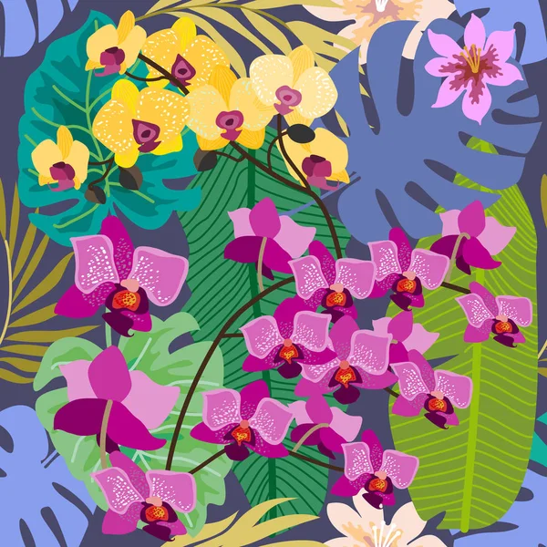 Listy zelené tropické pozadí s kvetoucí žluté a fialové orchideje, kapradiny a palm. — Stockový vektor