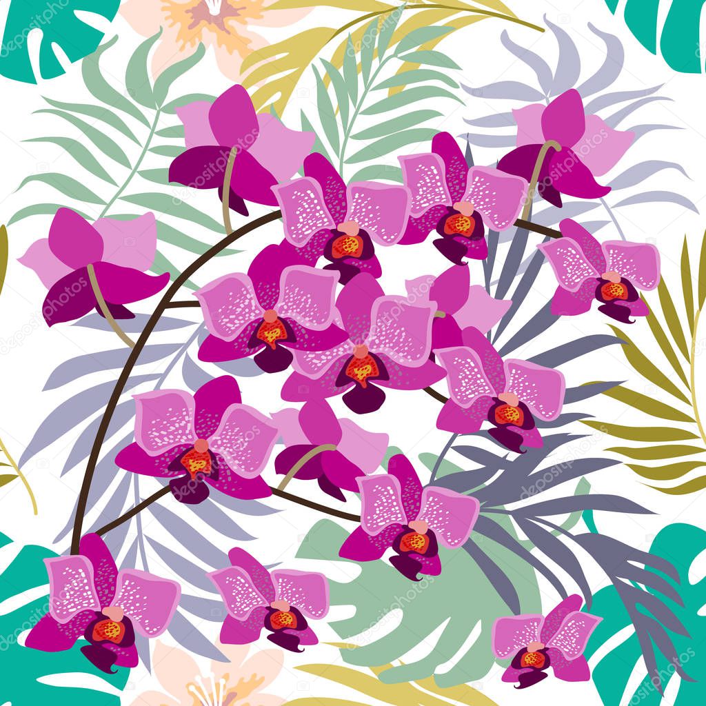 Green tropical background with blooming yellow and purple orchids, ferns and palm leaves. 