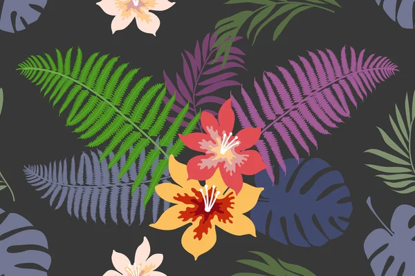 Ботанический отпечаток с папоротниками, пальмовыми листьями и цветами на контрастном фоне . — стоковый вектор