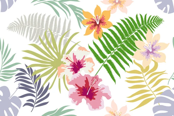 Botanischer Druck mit Waldfarnen, Palmblättern und Blüten auf kontrastierendem Hintergrund. — Stockvektor