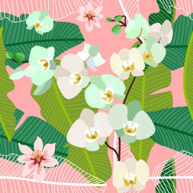 Tropikal arka plan ile orkide ve palmiye yaprakları. 