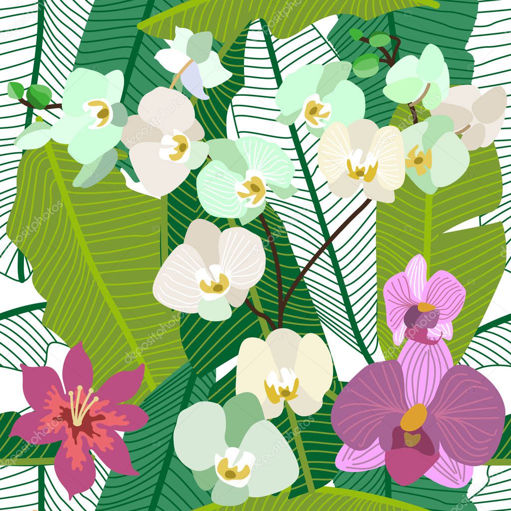 Tropical background with orchids and palm leaves. 