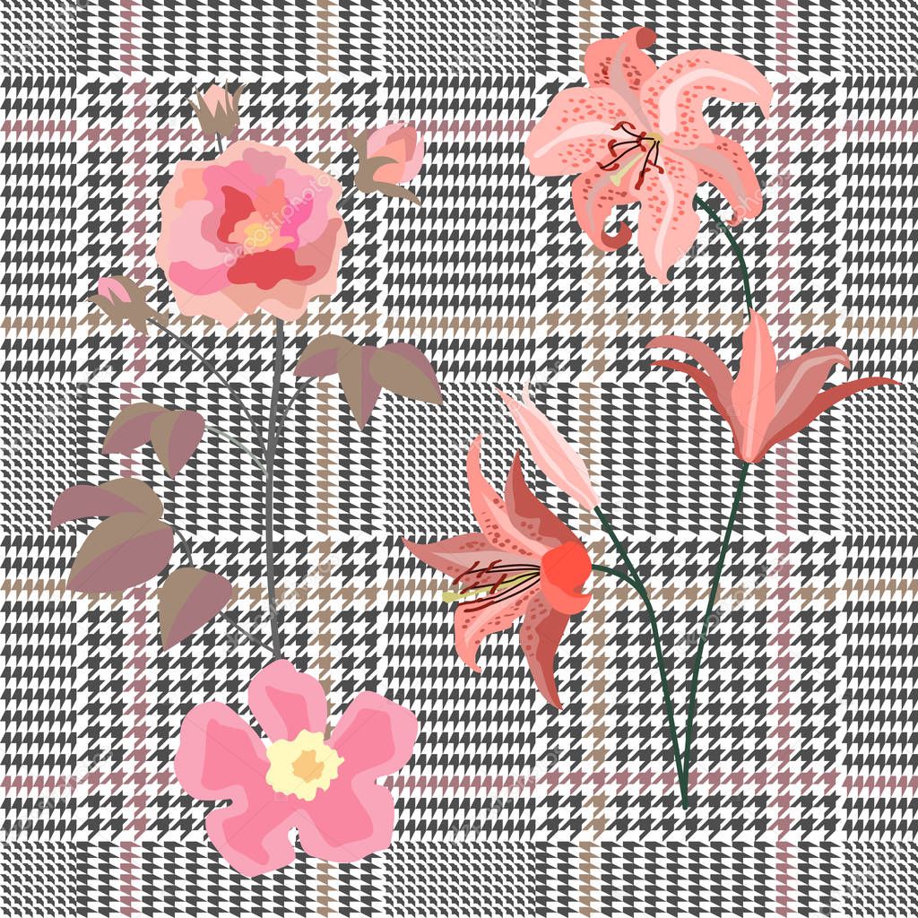 Elegant checkered print with roses and lilies. 
