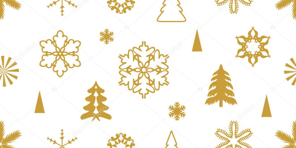 Golden snowflakes and fir trees with ornaments. 