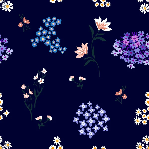 Sömlös tryck med liljor och vilda blommor. — Stock vektor