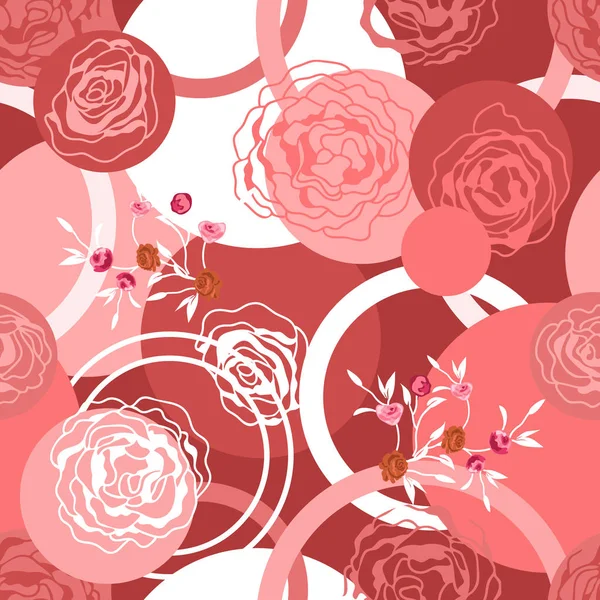 Seamless vector pattern with roses and circles. — 图库矢量图片