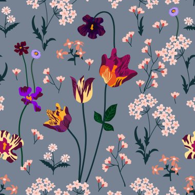 Seamless pattern with tulips and wildflowers. 