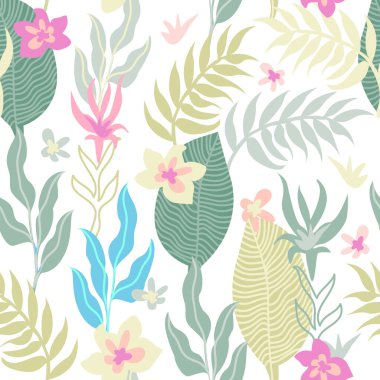 Palmiye yaprakları ve çiçeklerle kusursuz desen.