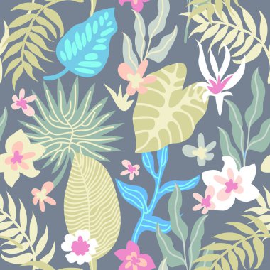 Palmiye yaprakları ve çiçeklerle kusursuz desen. 