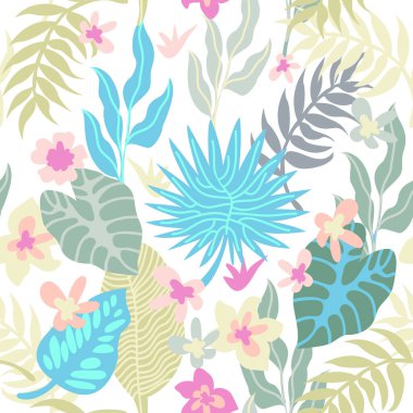 Palmiye yaprakları ve çiçeklerle kusursuz desen.