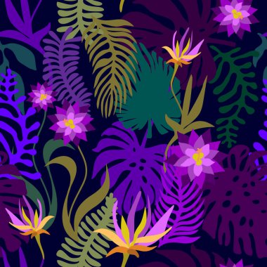 Tropikal çiçekler ve yapraklarla kusursuz desen.