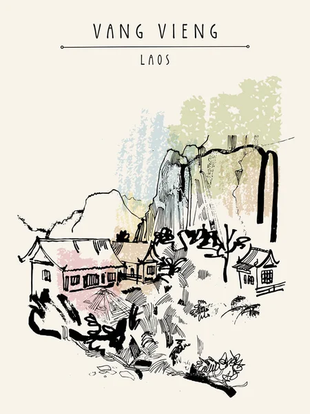 Горы, река и пансион в Лаосе — стоковый вектор