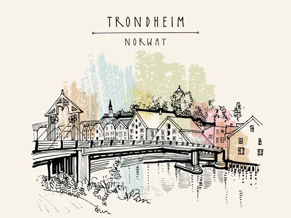 Ponte ribeirinha e histórica em Trondheim, Noruega — Vetor de Stock