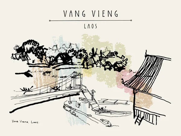 Bergen, rivier en guesthouse in Laos — Stockvector
