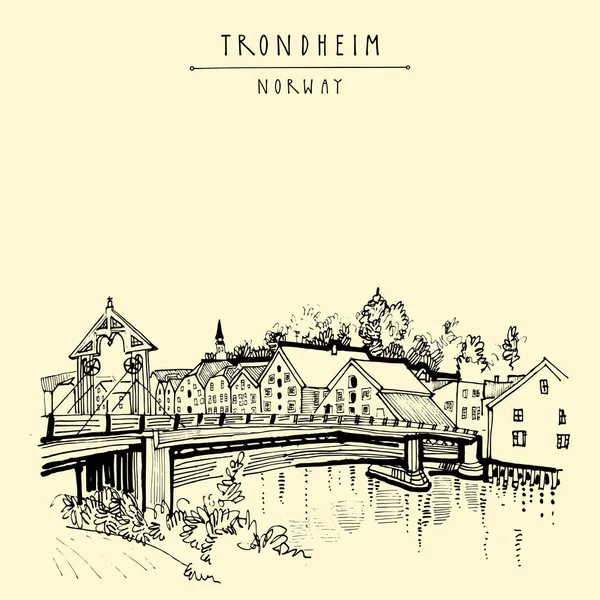 Riverside och historiska bron i Trondheim, Norge — Stock vektor