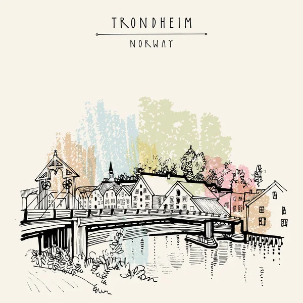 Riverside y puente histórico en Trondheim, Noruega — Vector de stock