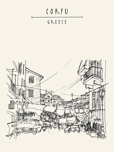 La vida callejera de Corfú, Grecia — Vector de stock