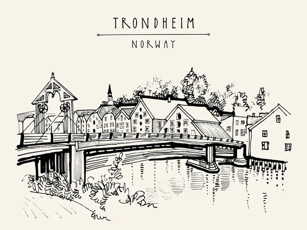 Flussufer und historische Brücke in trondheim, Norwegen — Stockvektor