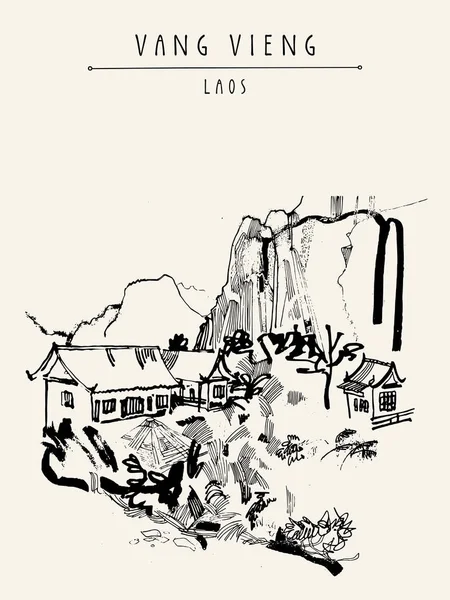 Bergen, floden och guesthouse i Laos — Stock vektor