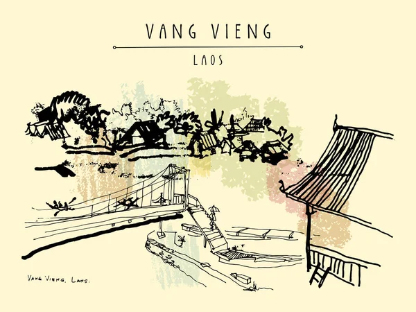Bergen, floden och guesthouse i Laos — Stock vektor