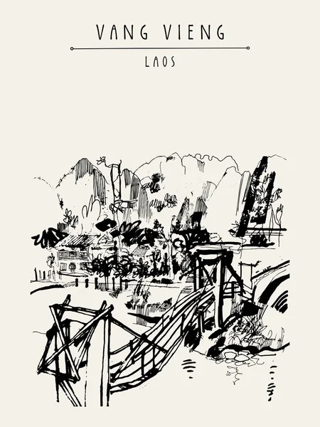 Montagnes, rivière et maison d'hôtes au Laos — Image vectorielle