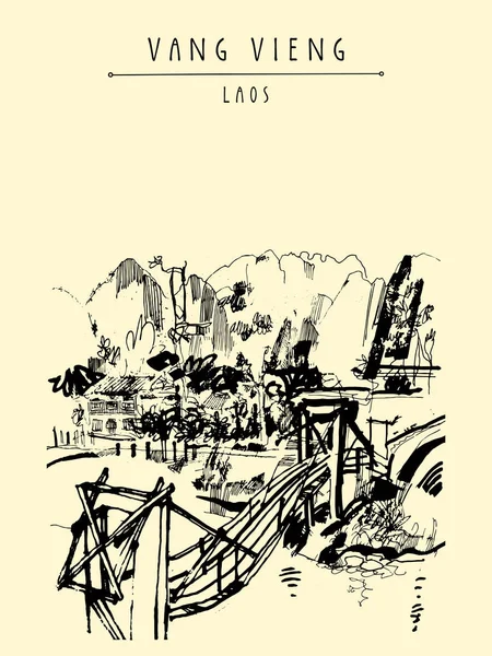 Montagnes, rivière et maison d'hôtes au Laos — Image vectorielle