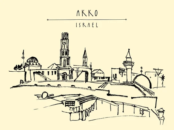 Τουριστικές καρτ ποστάλ με θέα στον ορίζοντα του Akko — Διανυσματικό Αρχείο