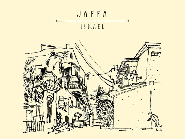 Postal turística con calle en Jaffa — Vector de stock