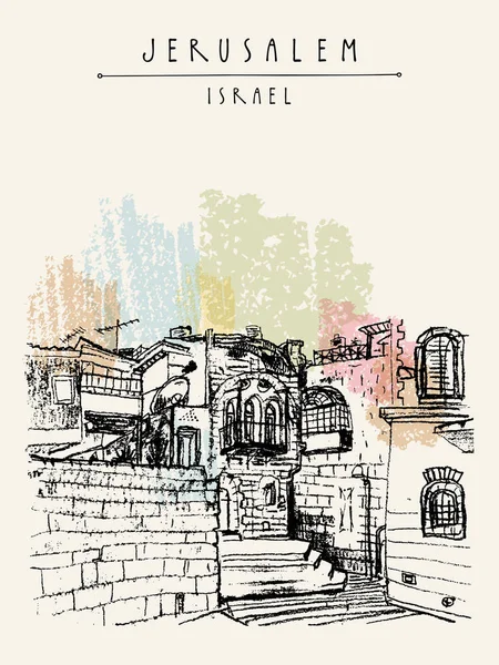 Toeristische ansichtkaart met oude stad Jeruzalem — Stockvector