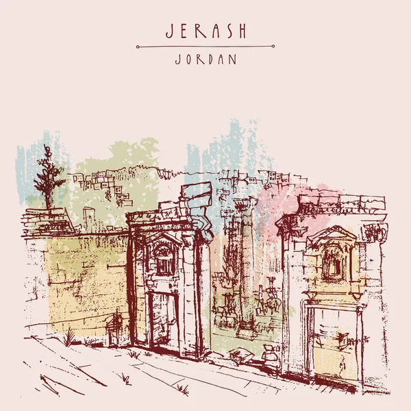 Postal turística con la ciudad antigua Jerash — Vector de stock