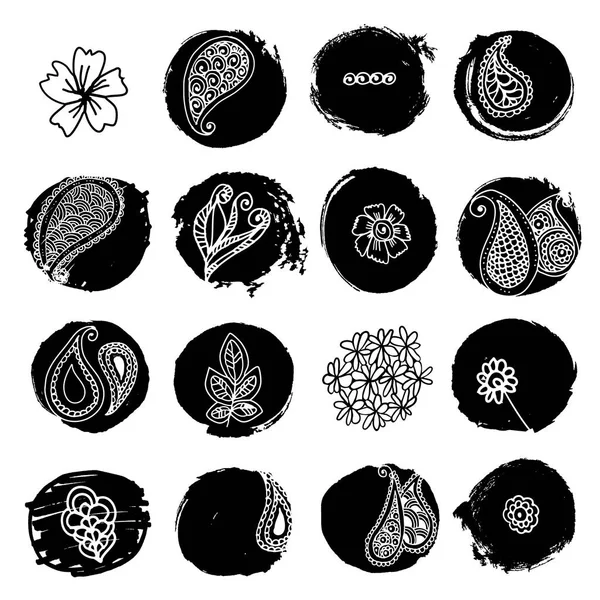 Henna tattoo decorative floral motifs with grungy black ink spot — Stock Vector