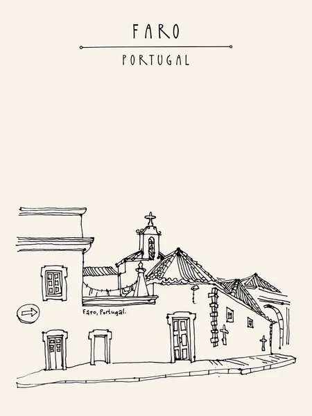 Calle en Faro con casas e iglesia — Vector de stock