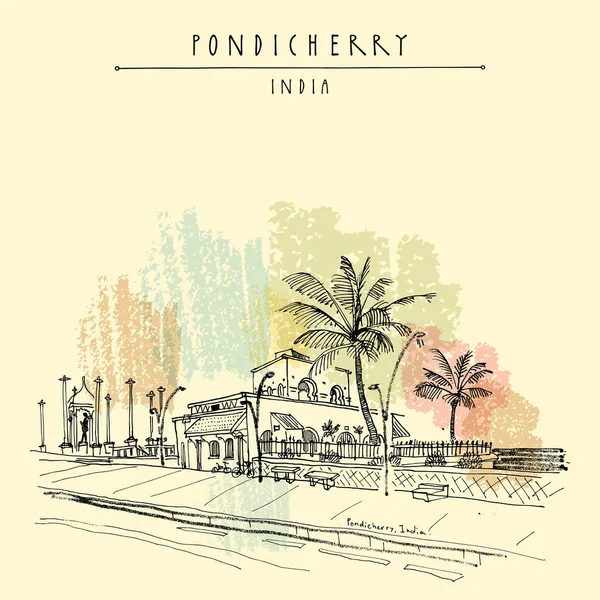 Pondicherry quay, Zuid-India. — Stockvector