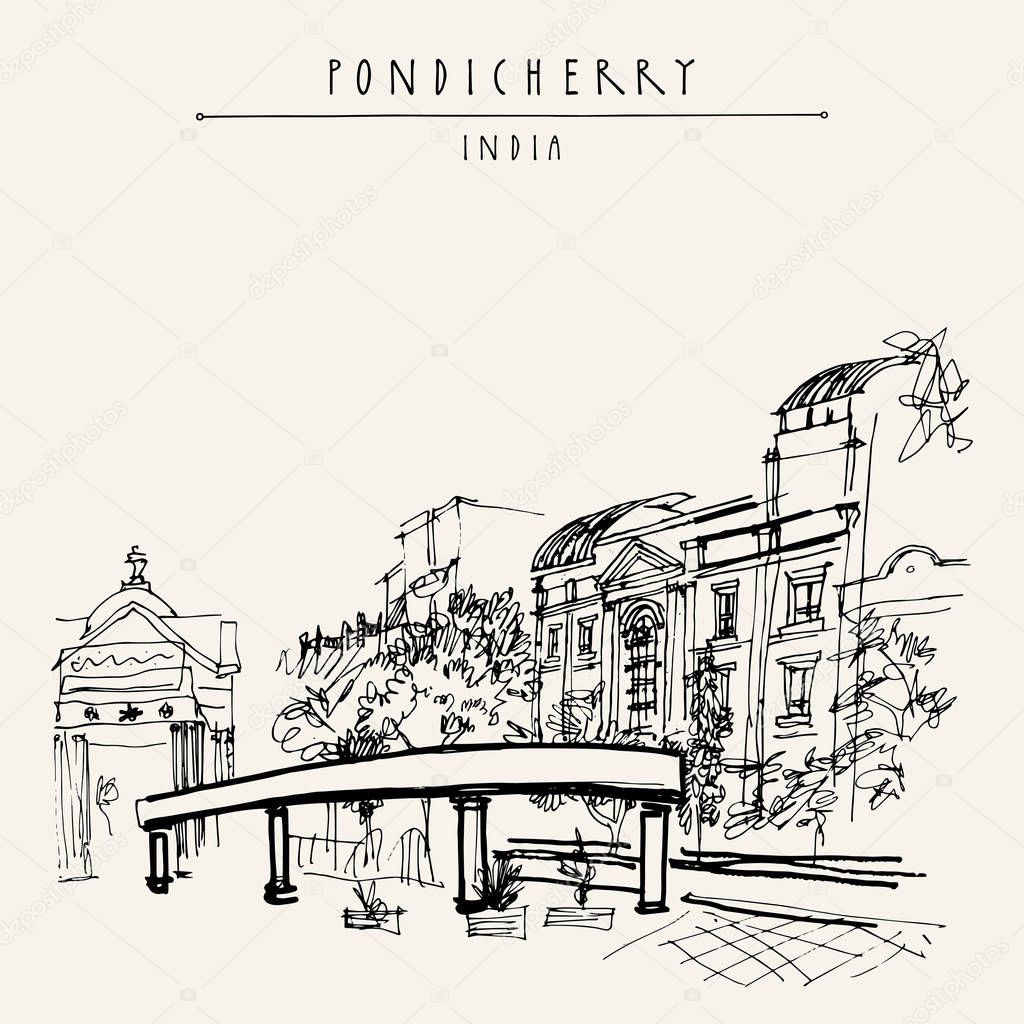 Pondicherry, India. Artistic drawing on paper.