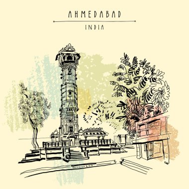 Ahmedabad, Gujarat, Hindistan Hutheesing (Hathi Singh Wadi) Jain Tapınağı. Süslü Kulesi ve ağaçlar. Seyahat Eskiz sanat. Vintage el çekilmiş kartpostal vektör