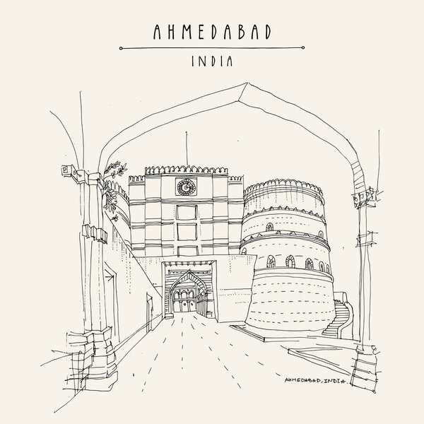 Lal Darwaza - Red Gate in Ahmedabad, Gujarat, India. Travel sketch art. Vintage hand drawn postcard in vector