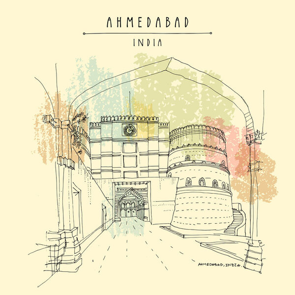 Lal Darwaza - Red Gate in Ahmedabad, Gujarat, India. Travel sketch art. Vintage hand drawn postcard in vector