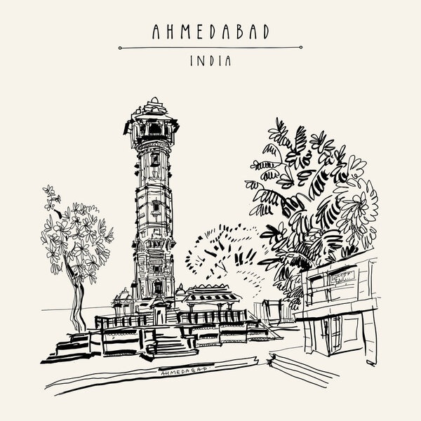Hutheesing (Hathi Singh Wadi) Jain temple in Ahmedabad, Gujarat, India. Ornate tower and trees. Travel sketch art. Vintage hand drawn postcard in vector