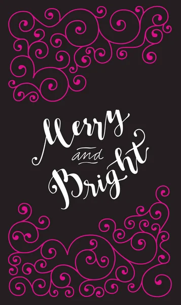 陽気で明るい 現代書道 手書き感動メリー クリスマスを引用 垂直を手動でカリグラフィ文字ピンクの渦巻きと黒の背景のグリーティング カード — ストックベクタ
