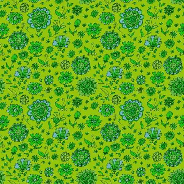 緑の色の手描かれた花のシームレス パターン — ストックベクタ