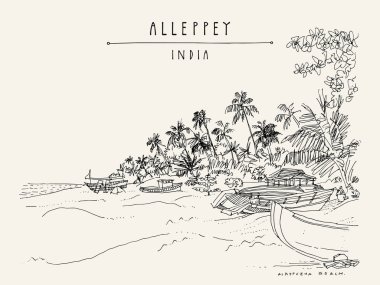 Alleppey Beach, Alappuzha, Kerala, Güney Hindistan. Retro seyahat çizim bozulmamış bir plaj, palmiye ağaçları ve tekneler. Tropik cennet manzara kroki. Vintage turistik kartpostal. Vektör çizim