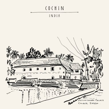Mattancherry sarayda (Portekizce Palace, Flamanca Palace) Cochin (Kochi), Kerala, Hindistan. Miras colonial Portekizce ve Flamanca geçmişi ile inşa. Ünlü tarihi dönüm noktası. Vektör el çekilmiş seyahat kartpostal