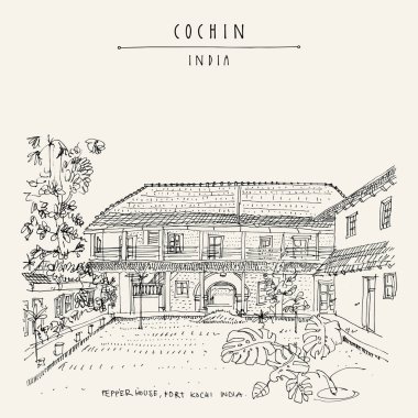 Cochin (Kochi), Kerala, Güney Hindistan. Biber evi. Miras sömürge binası. Ünlü tarihi dönüm noktası. Vektör el çekilmiş seyahat kartpostal