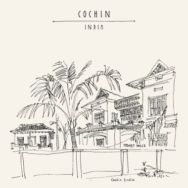 Cochin (Kochi), Kerala, Güney Hindistan. Straley evi. Miras sömürge binası. Ünlü tarihi dönüm noktası. Vektör el çekilmiş seyahat kartpostal