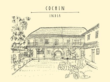 Cochin (Kochi), Kerala, Güney Hindistan. Biber evi. Miras sömürge binası. Ünlü tarihi dönüm noktası. Vektör el çekilmiş seyahat kartpostal