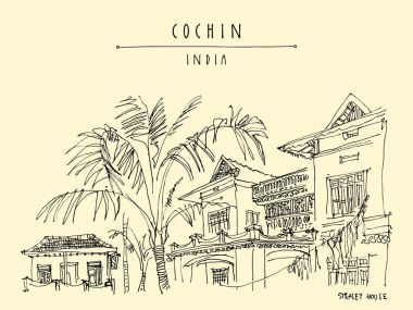 Cochin (Kochi), Kerala, Güney Hindistan. Straley evi. Miras sömürge binası. Ünlü tarihi dönüm noktası. Vektör el çekilmiş seyahat kartpostal