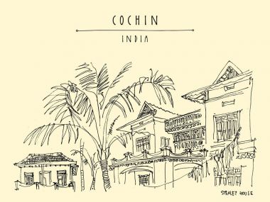 Cochin (Kochi), Kerala, South India. Straley House. Heritage colonial building. Famous historical landmark. Vector hand drawn travel postcard clipart