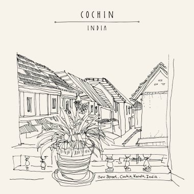 Cochin, Kerala, Hindistan. Yahudi şehirdeki Yahudi yol illüstrasyon vektör