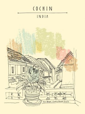 Cochin, Kerala, Hindistan. Yahudi şehirdeki Yahudi yol illüstrasyon vektör