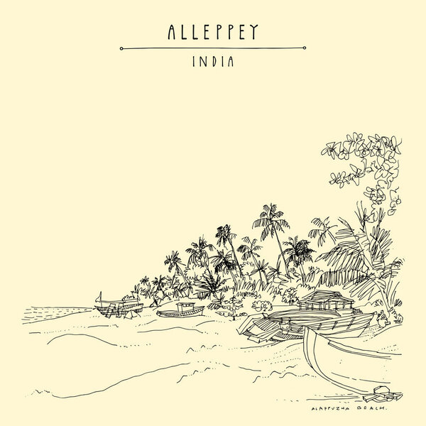 Alleppey Beach, Alappuzha, Kerala, South India. Retro travel drawing of a pristine beach, palm trees and boats. Tropical paradise landscape sketch. Vintage touristic postcard. Vector illustration